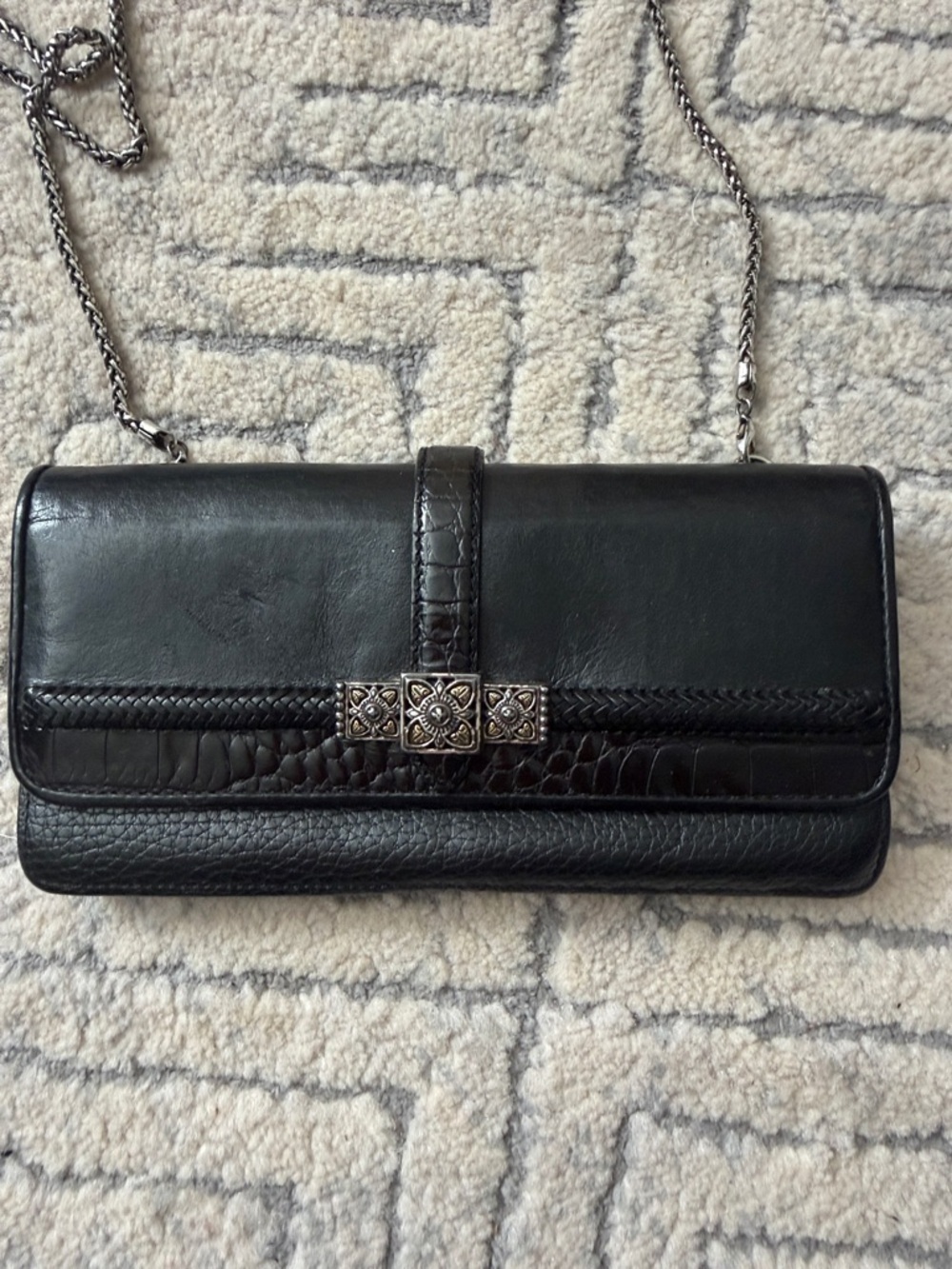 Brighton Black Leather Chain Clutch with Decorative Silver Accent